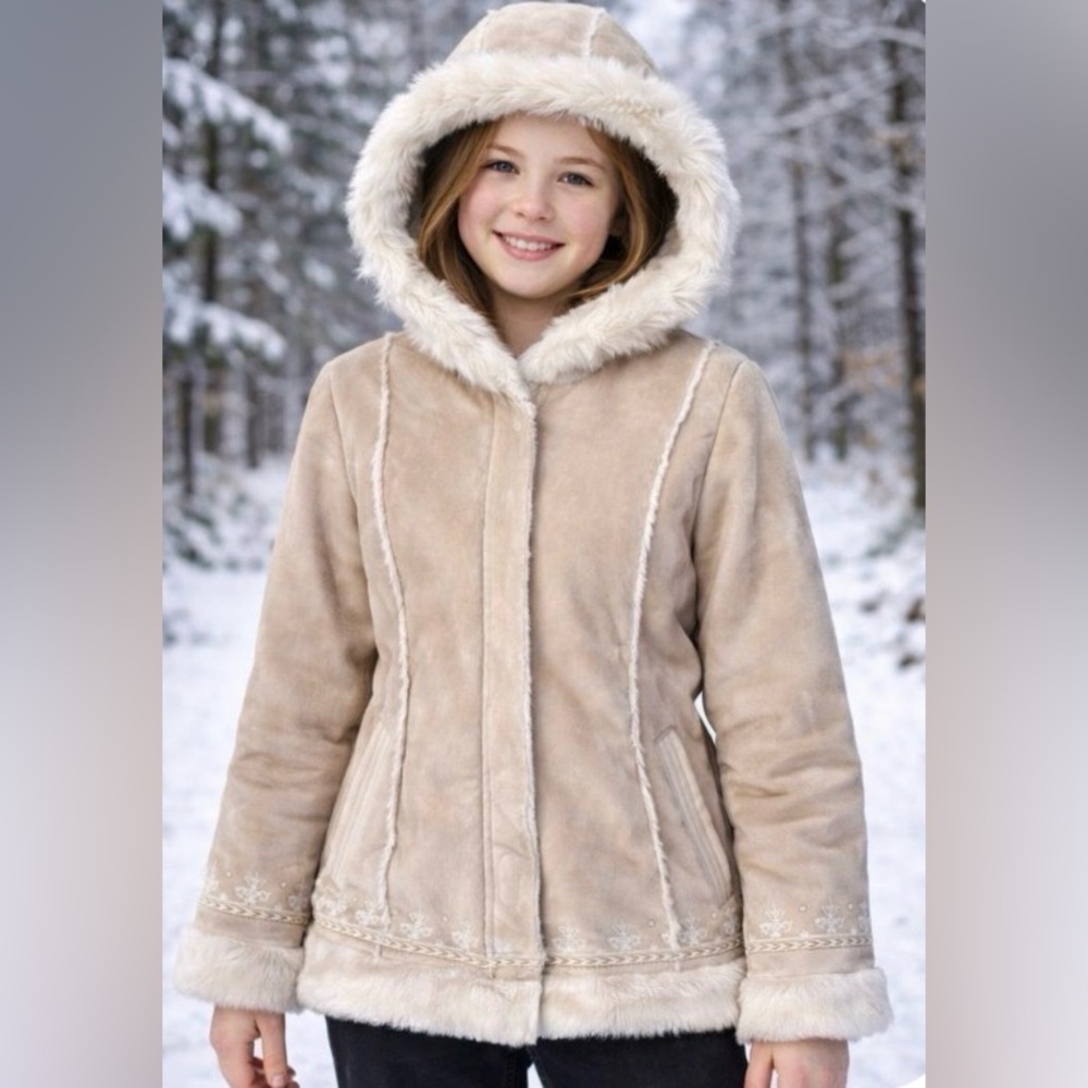 Girl 10/12 Tan Faux Fur Trimmed Coat